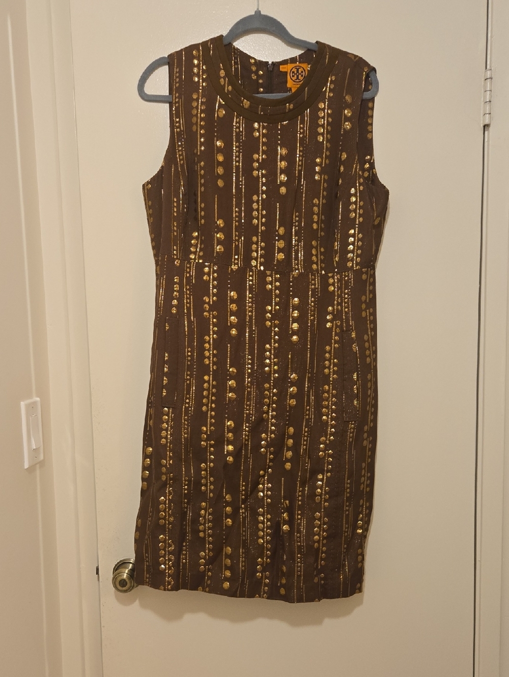Tory Burch Sz L Brown Sheath Dress with Gold Dot Stripe Detailing & Pockets